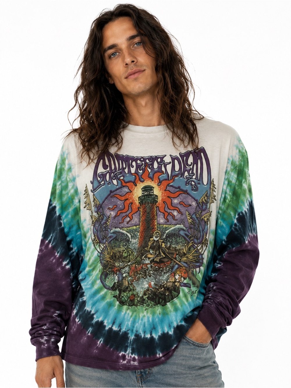 Liquid Blue Grateful Dead Lighthouse Long Sleeve Tie Dye T Shirt Medium Deadhead